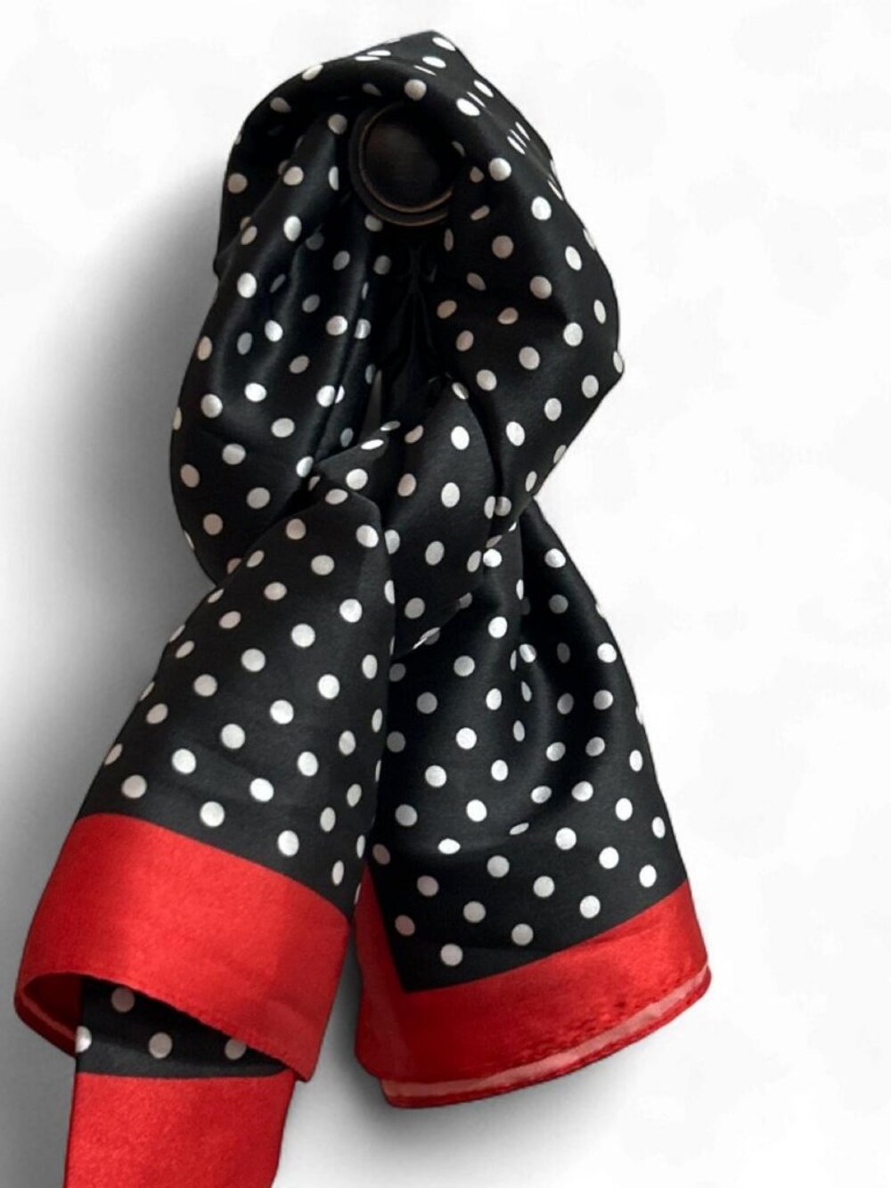 Black White Polka Dot Scarf with Red Trim